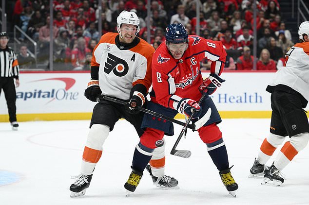 Washington Capitals left wing Alex Ovechkin (8) and Philadelphia Flyers defenseman Travis Sanheim (6) battle for the puck during the first period of an NHL hockey game, Wednesday, Oct. 28, 2026, in Washington. (AP Photo/Nick Wass)