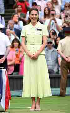 The Princess of Wales opted for Wimbledon green at the 2023 final, channelling the tennis tournament’s trademark grass courts. Worn during the Ladies Finals, her lime midi dress featured a short sleeve blazer-inspired bouclé bodice and a pleated chiffon skirt. She teamed up the eye catching frock with Cassandra Goad pearl earrings, a pair of Gianvito Rossi suede slingbacks