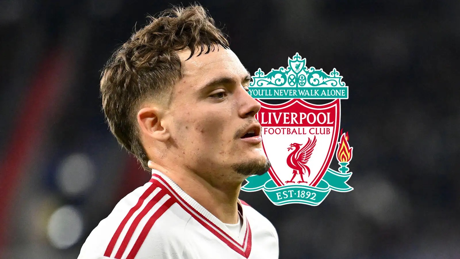 Liverpool star Florian Wirtz next to the club badge