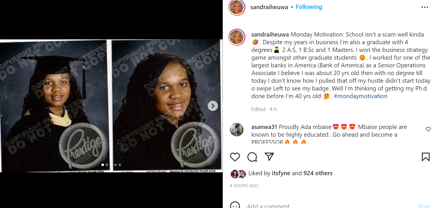 Businesswoman Sandra Iheuwa brags about having 4 degrees