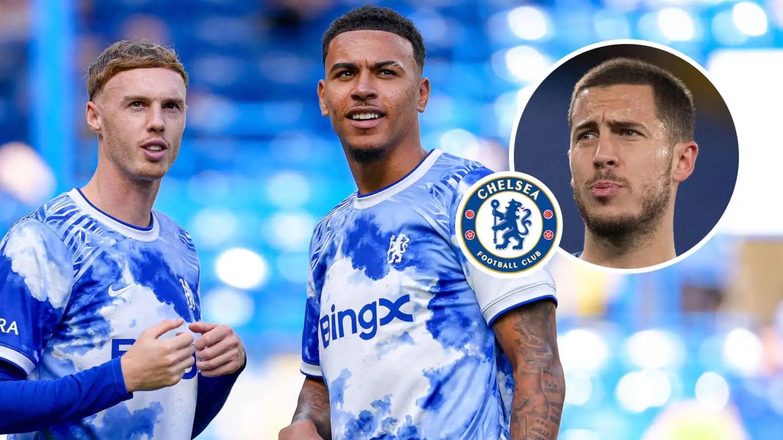 Chelsea duo Cole Palmer and Morgan Rogers, Chelsea badge and Blues legend Eden Hazard - copyright TEAMtalk