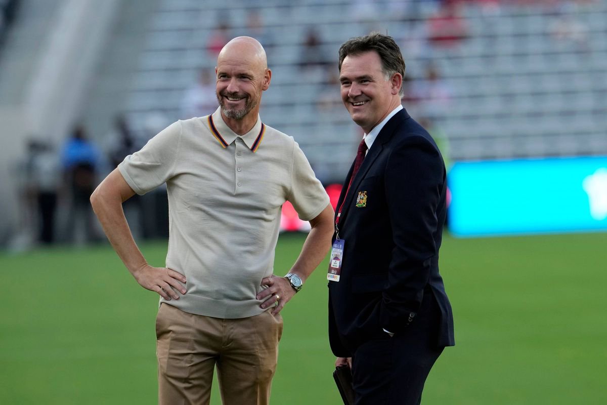 Erik ten Hag and Football Director John Murtough during the pre-season friendly match between Manchester United and Wrexham. 