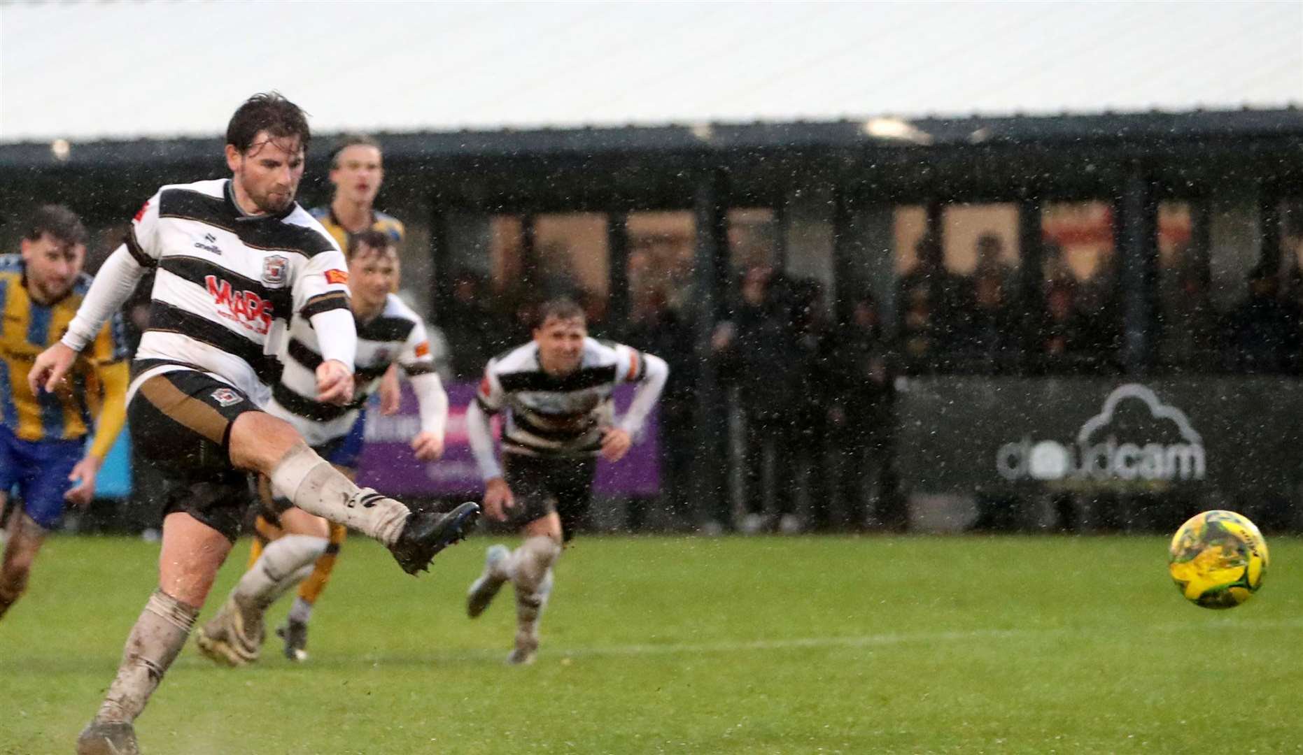 Ashley Miller, of Deal Town, saw his penalty get saved by Hashtag United keeper Joseph Whitney. Picture: Paul Willmott