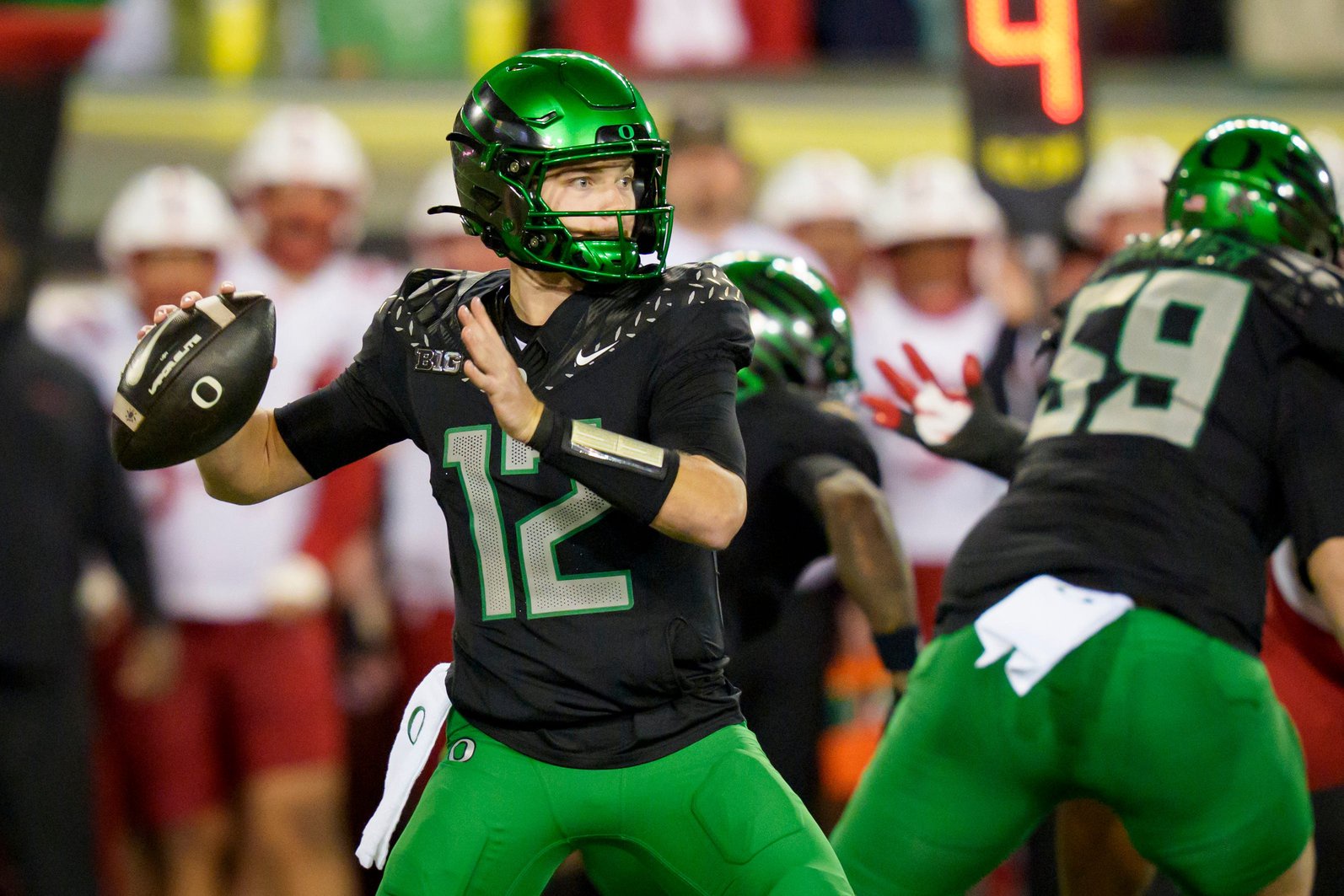 Oregon Ducks quarterback Brock Thomas looks to pass as the Oregon Ducks host the Nebraska Cornhuskers on Oct. 17, 2026, at Autzen Stadium in Eugene, Oregon.