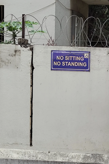 Sign on a concrete wall with barbed wire on top reads: &quot;No Sitting No Standing&quot; with a wheelchair symbol