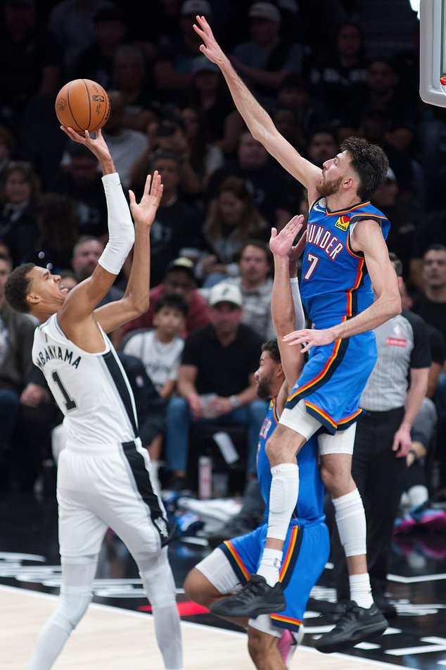 Oklahoma City Thunder center Chet Holmgren (7) attempts to block a shot by San Antonio Spurs center Victor Wembanyama (1) during the first half of an NBA basketball game, Tuesday, Oct. 20, 2026, in San Antonio. (AP Photo/Darren Abate)