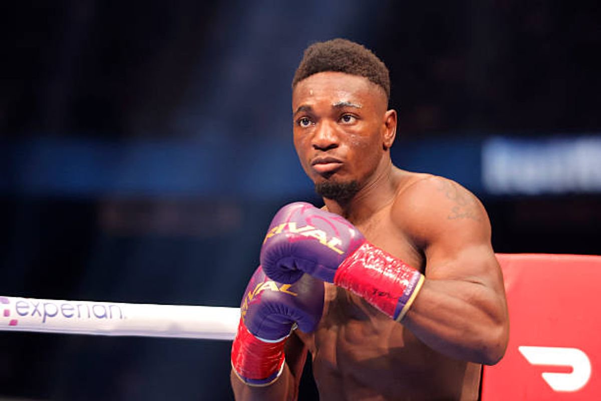Christian M'billi fights against Lester Martinez (not pictured) in their middleweight WBC interim title fight during Netflix's Canelo v Crawford Fight Night at Allegiant Stadium on September 13, 2025 in Las Vegas, Nevada.