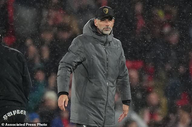 Bournemouth's head coach Marco Rose looks on at the end of the Europa League soccer match between Bournemouth and AC Milan in Bournemouth, England, Thursday, Oct. 22, 2026. (AP Photo/Alastair Grant)