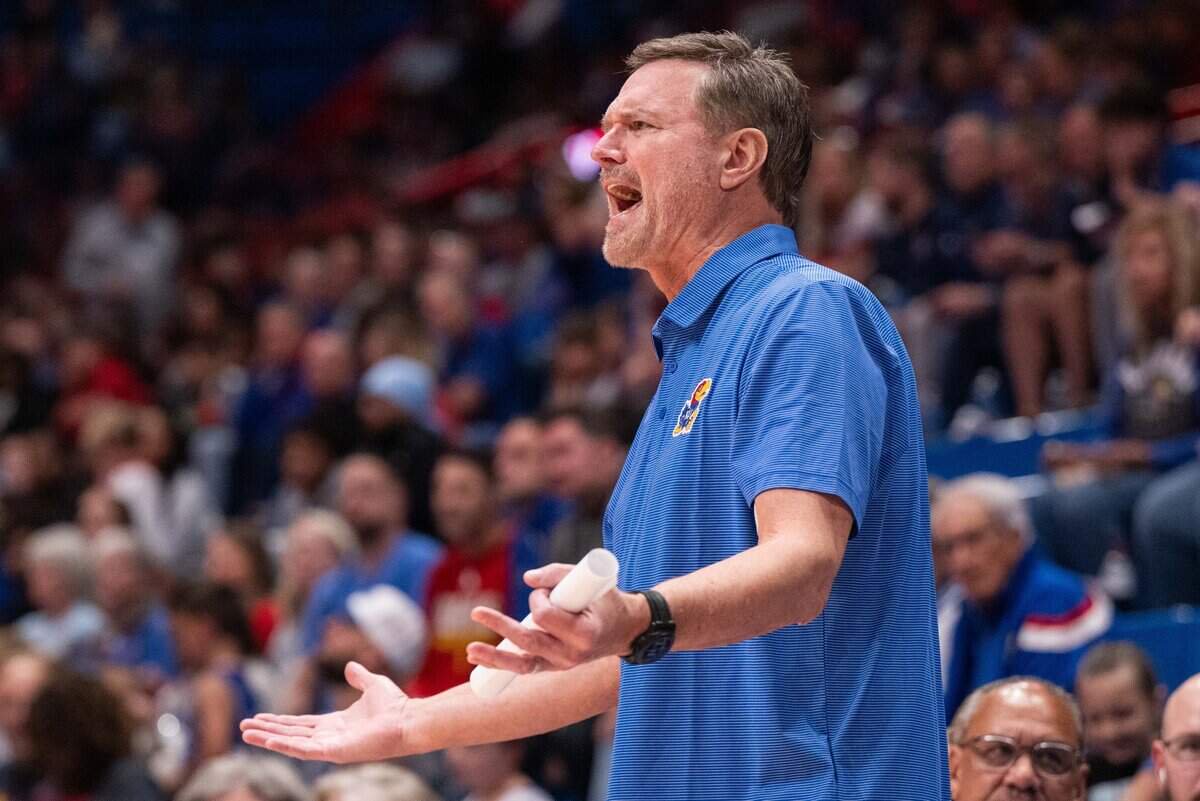 Kansas Jayhawks head coach Bill Self screams at his players in the Jayhawks exhibition game vs. Pittsburg State Gorillas, on Friday, October 16, 2026, at Allen Fieldhouse. The exhibition game, a first for Late Night in the Phog, replaces the normal format of variety show style sketches and a team scrimmage.