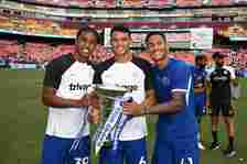 Andrey Santos, Thiago Silva of Chelsea and Angelo Gabriel of Chelsea with the Premier League Summer Series trophy during the Premier League Summer ...