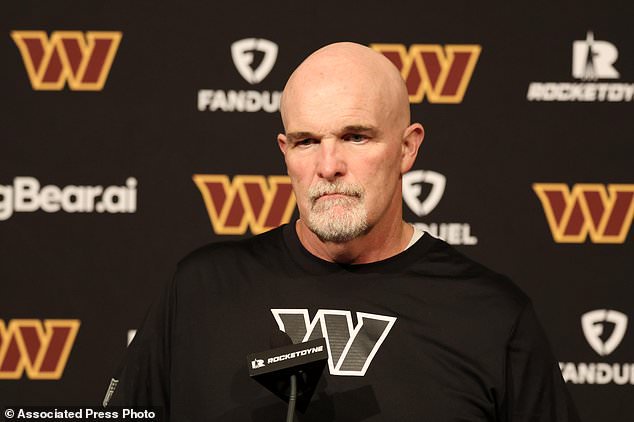 Washington Commanders head coach Dan Quinn speaks at a news conference after an NFL football game against the San Francisco 49ers in Santa Clara, Calif., Monday, Oct. 19, 2026. (AP Photo/Jed Jacobsohn)