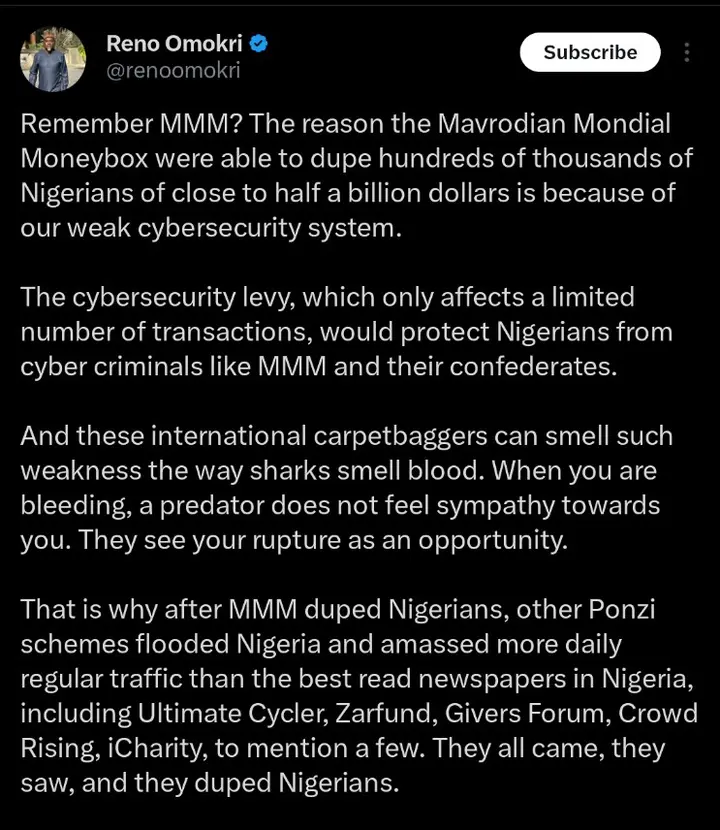 Cybersecurity Levy Would Protect Nigerians From Cyber Criminals Like Others- Reno Omokri