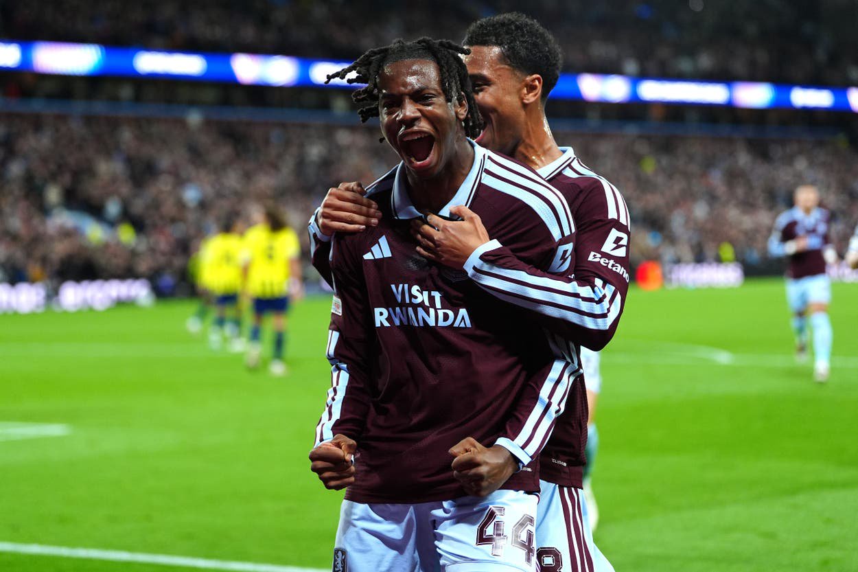 Johan Manzambi (left) celebrates his goal for Aston Villa (David Davies/PA)