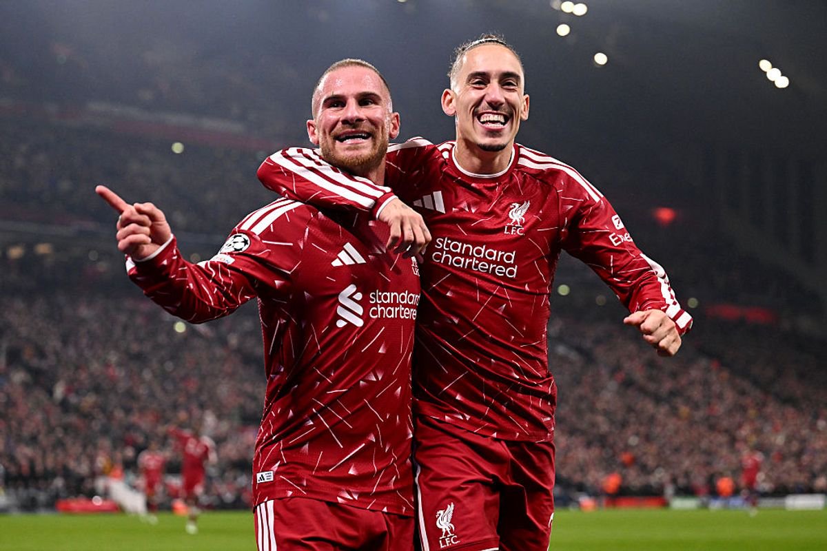 LIVERPOOL, ENGLAND - OCTOBER 20: Alexis Mac Allister of Liverpool celebrates scoring his team’s third goal with teammate Kostas Tsimikas during the UEFA Champions League 2026/27 League Phase MD3 match between Liverpool FC and Villarreal CF at Anfield on October 20, 2026 in Liverpool, England. (Photo by Liverpool FC/Liverpool FC via Getty Images)