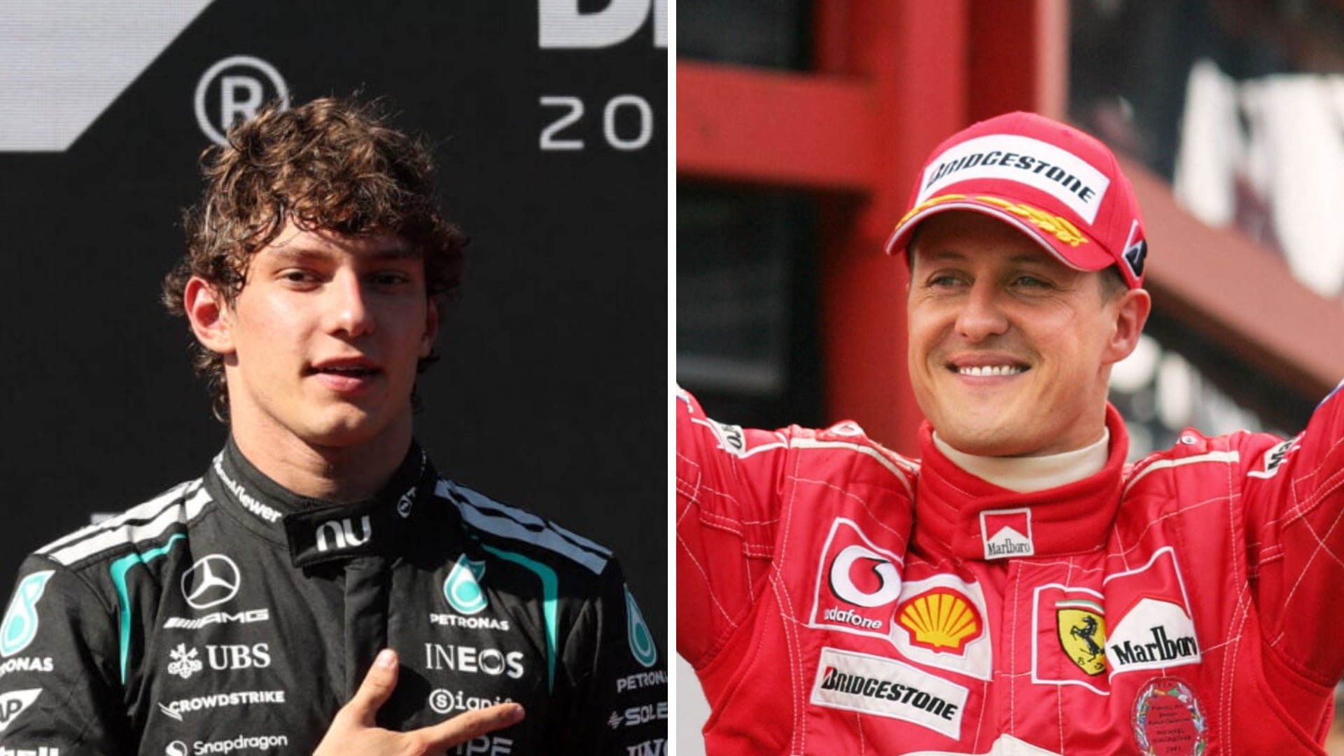 Kimi Antonelli celebrating his victory at the 2026 Spanish Grand Prix on the podium, Ferrari driver Michael Schumacher celebrates winning the 2004 ...