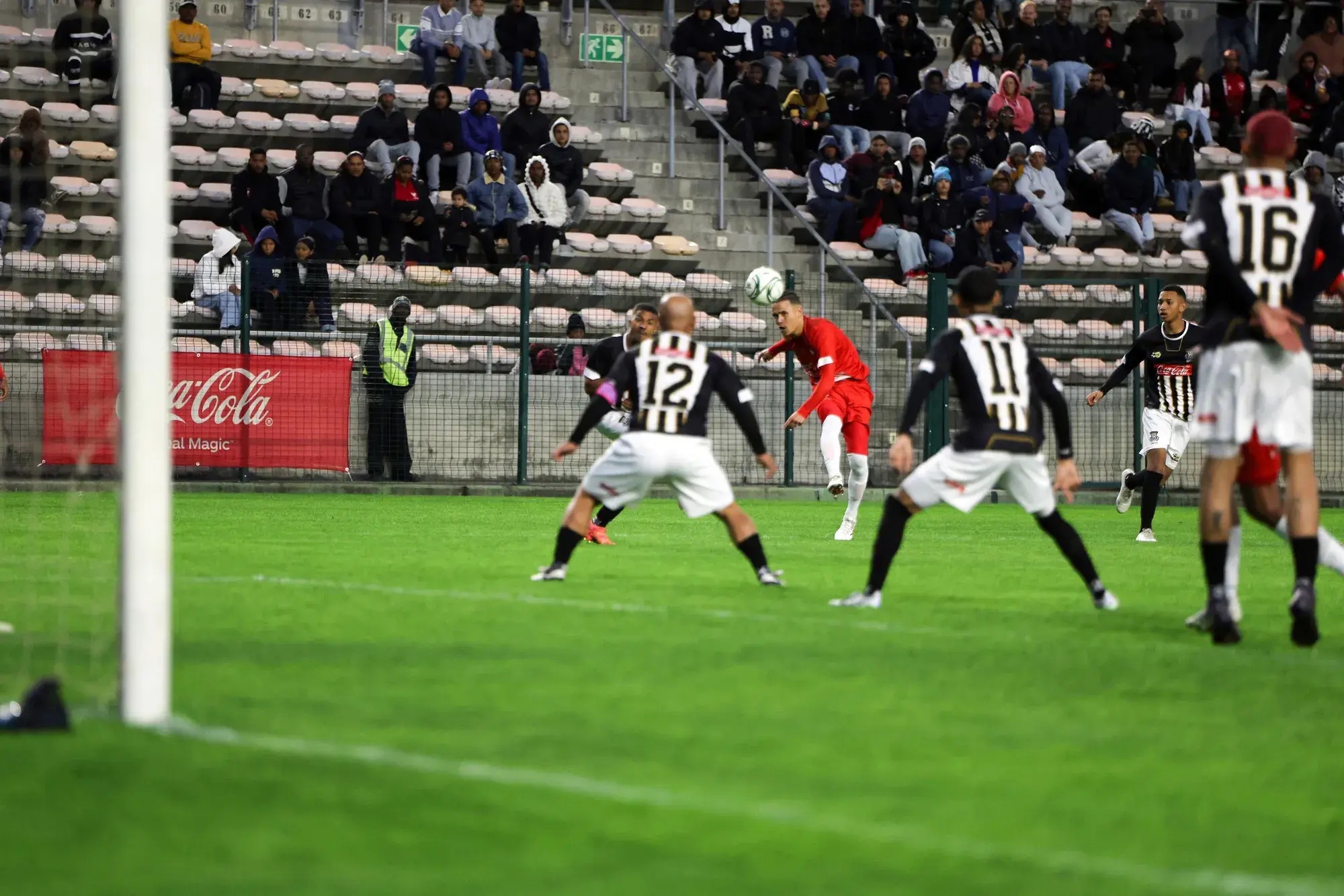Hanover Park’s Lionel Saal takes a shot at goal during his side’s Coke Cup final against Saxon Rovers at Athlone Stadium on Saturday.