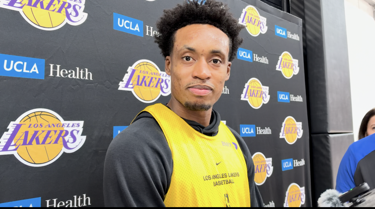Lakers guard Collin Sexton speaking with reporters after the team's shootaround on Friday, October 23, 2026.