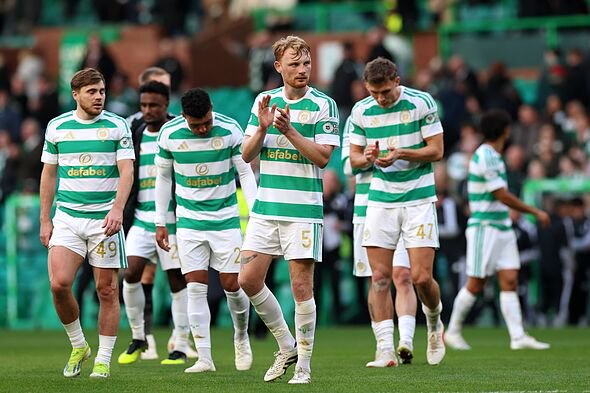 Celtic players after thumping Hearts 7-1.