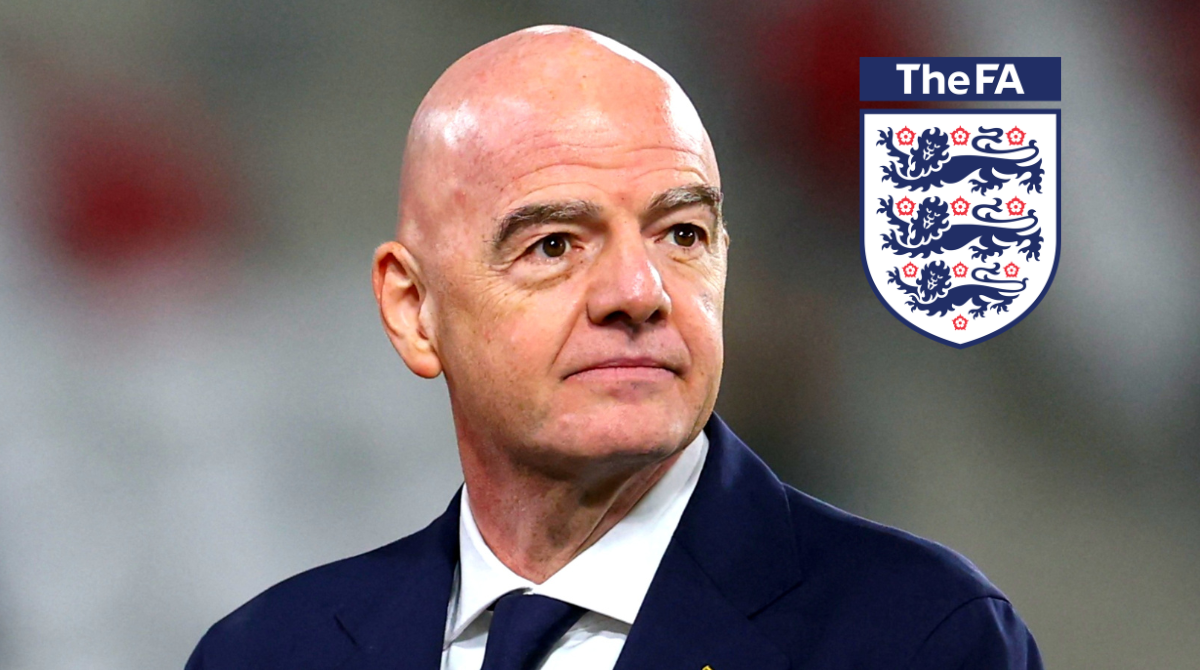 FIFA President Gianni Infantino looks on with England football logo also shown