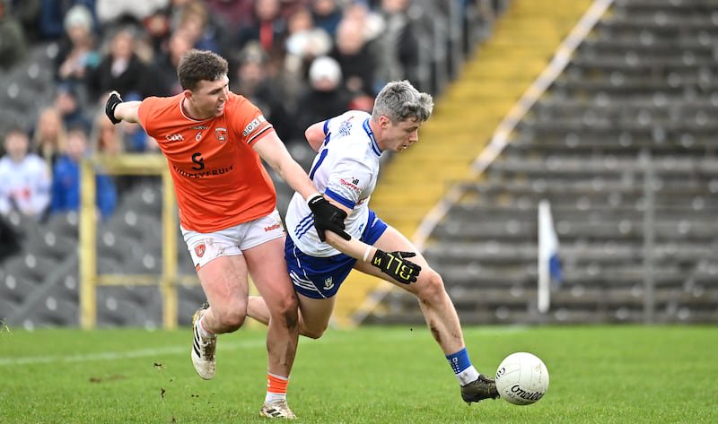 Liam McDonald of Monaghan in action against Tiernan Kelly of Armagh in the Div 1 GAA National Football league game at Clones, Co Monaghan