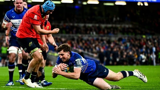 24 October 2026; Charlie Tector of Leinster dives over to score his side's third try during the United Rugby Championship match between Leinster and Munster at the Aviva Stadium in Dublin. Photo by Shauna Clinton/Sportsfile
