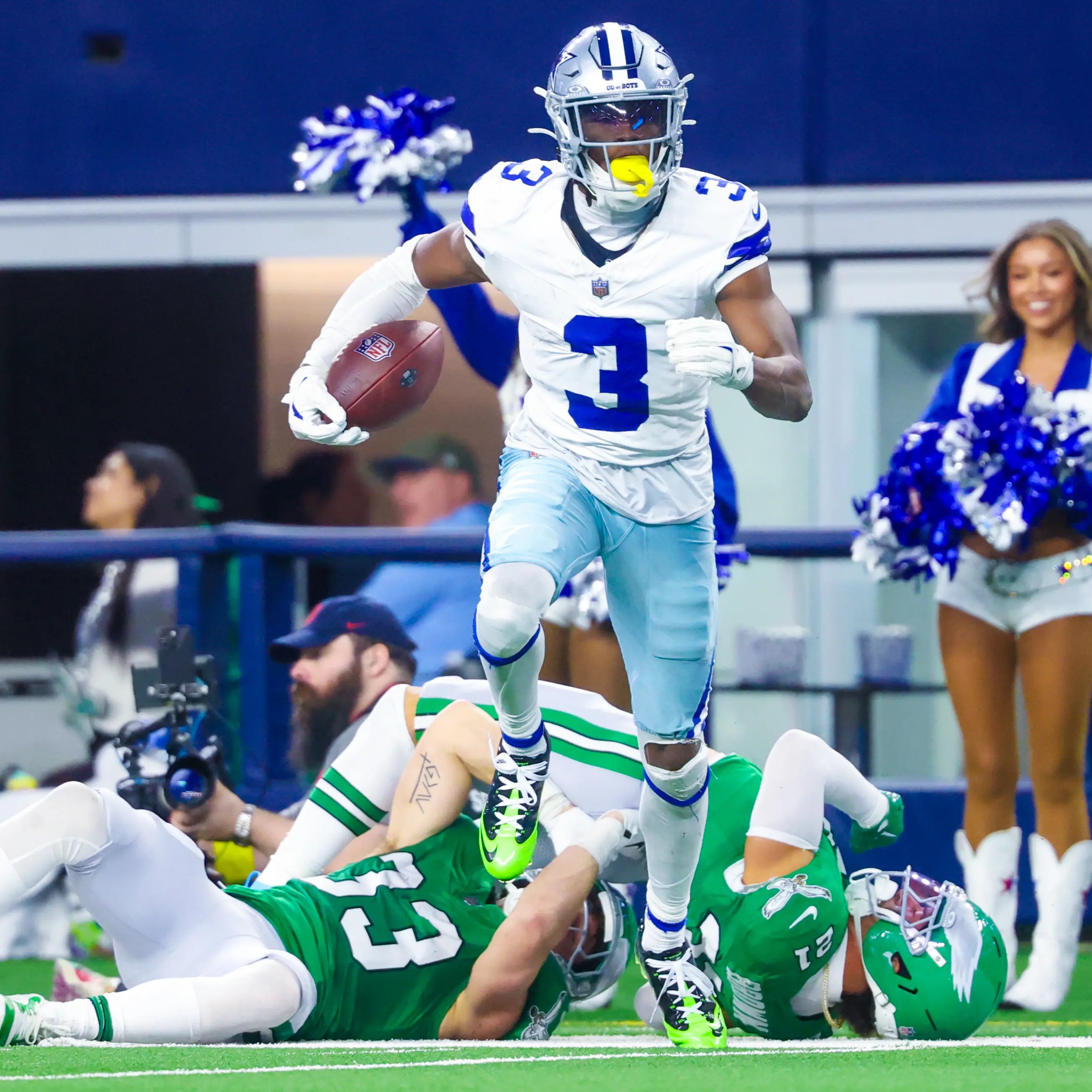 Dallas Cowboys wide receiver George Pickens reacts after making a catch against the Philadelphia Eagles.