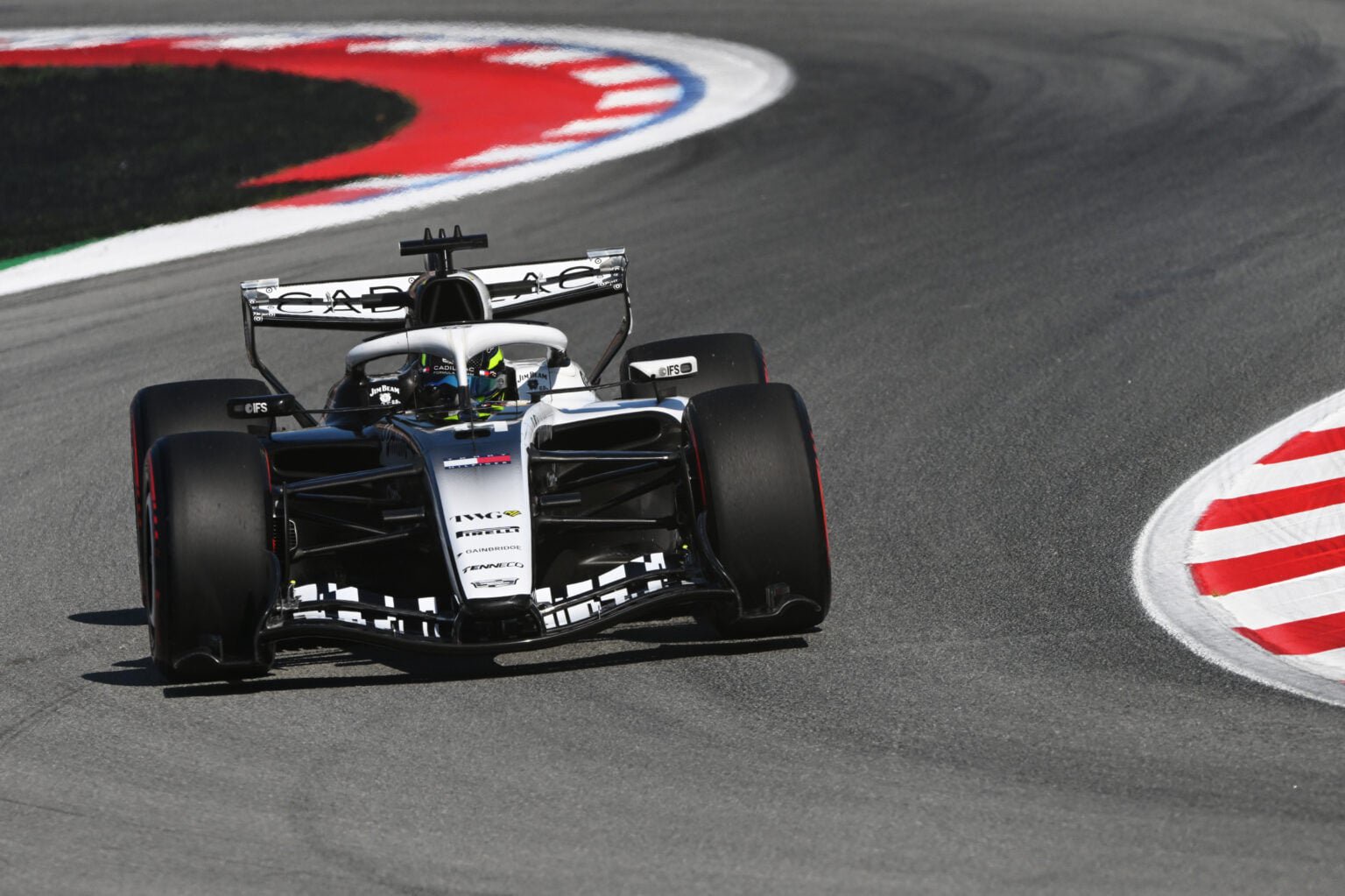 Sergio Perez driving his Cadillac F1 car during practice at the 2026 Barcelona Grand Prix.