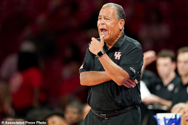 Houston head coach Kelvin Sampson yells from the sideline during the first half of an NCAA college basketball exhibition game against Montana Tech, Thursday, Oct. 15, 2026, in Houston. (AP Photo/Eric Christian Smith)