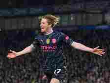 Manchester City's Kevin De Bruyne celebrates scoring the opening goal during the Premier League match between Brighton & Hove Albion and Manche...