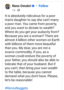 My daughters will never marry a poor man. No woman deserves poverty - Nigerian man replies Reno Omokri