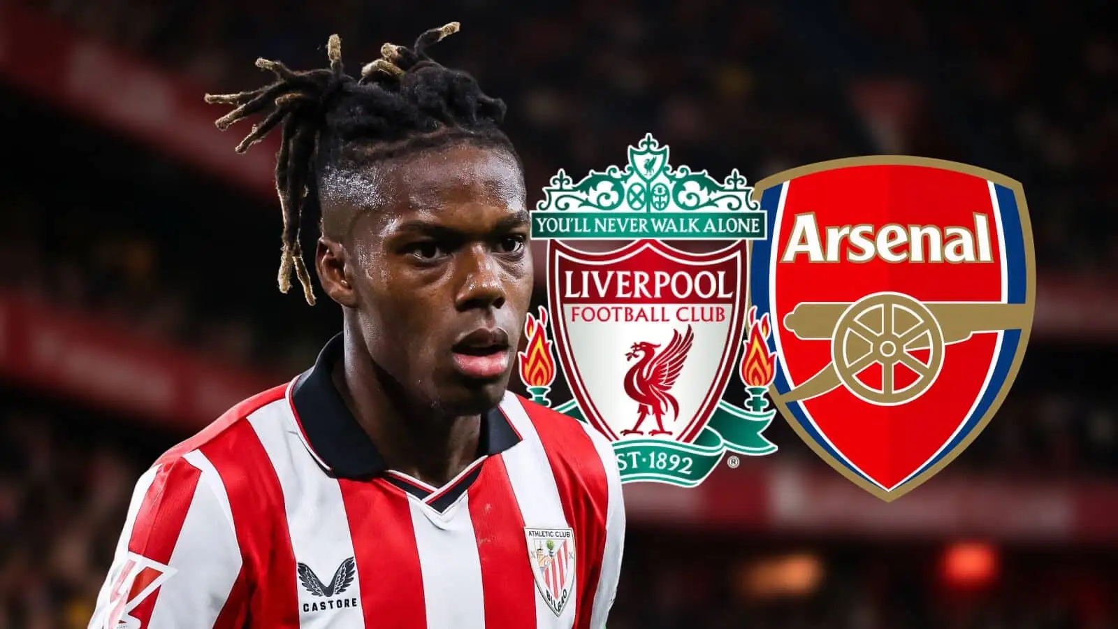 Nico Williams with Liverpool, Arsenal badges