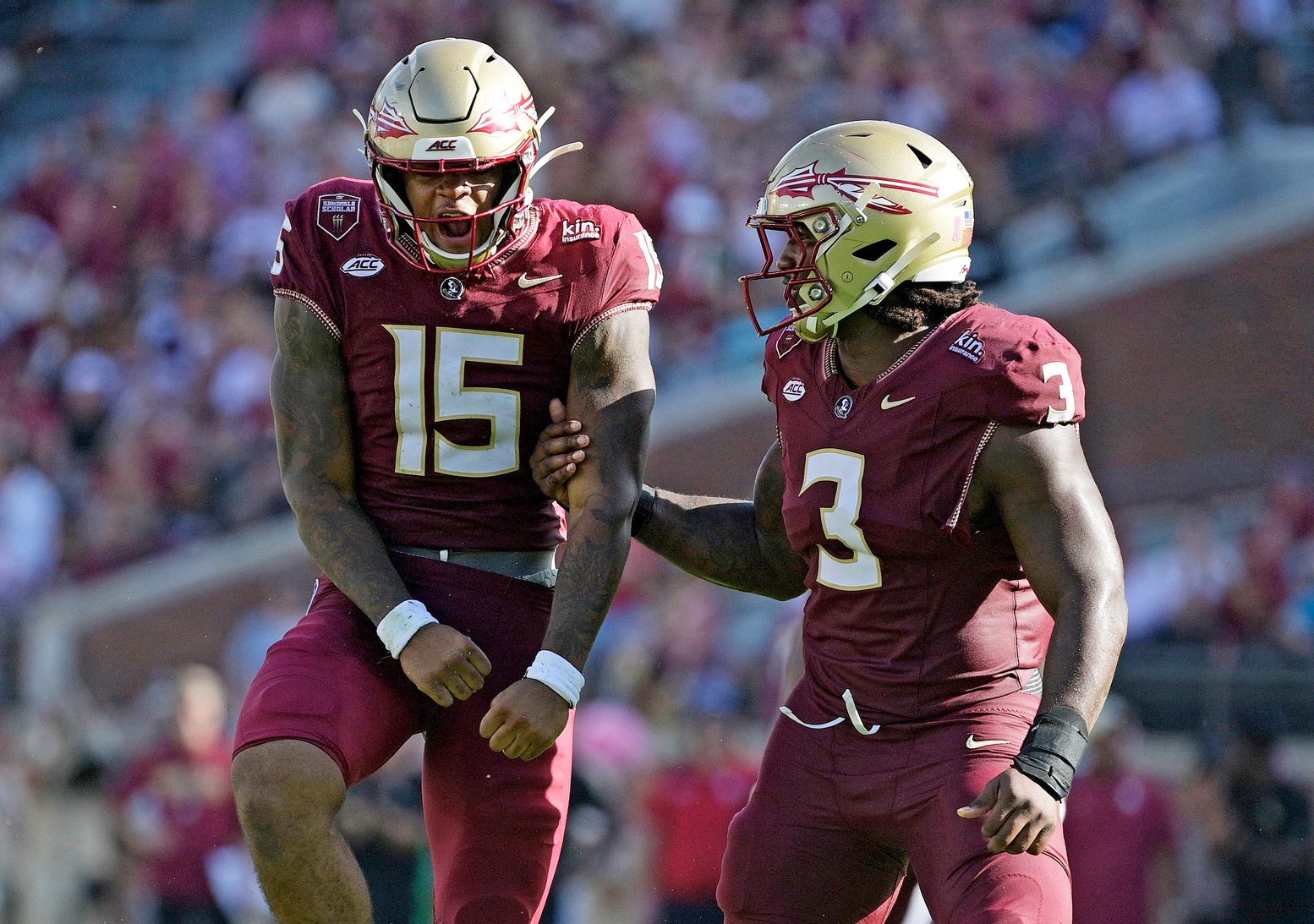 Oct 3, 2026; Tallahassee, Florida, USA;  Florida State Seminoles defensive lineman Rylan Kennedy (15) celebrates a sack with defensive lineman Mandrell Desir (3) during the game against the Virginia Cavaliers at Doak S. Campbell Stadium.  Mandatory Credit: Melina Myers-Imagn Images