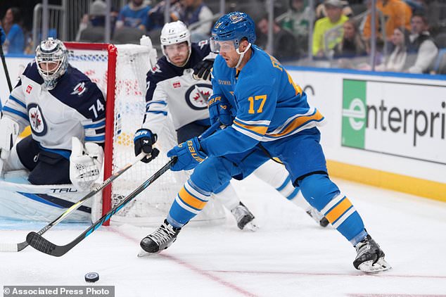 St. Louis Blues' Cam Fowler, right, controls the puck as Winnipeg Jets goaltender Stuart Skinner (74) and Adam Lowry defend during the second period of an NHL hockey game Tuesday, Oct. 20, 2026, in St. Louis. (AP Photo/Jeff Roberson)