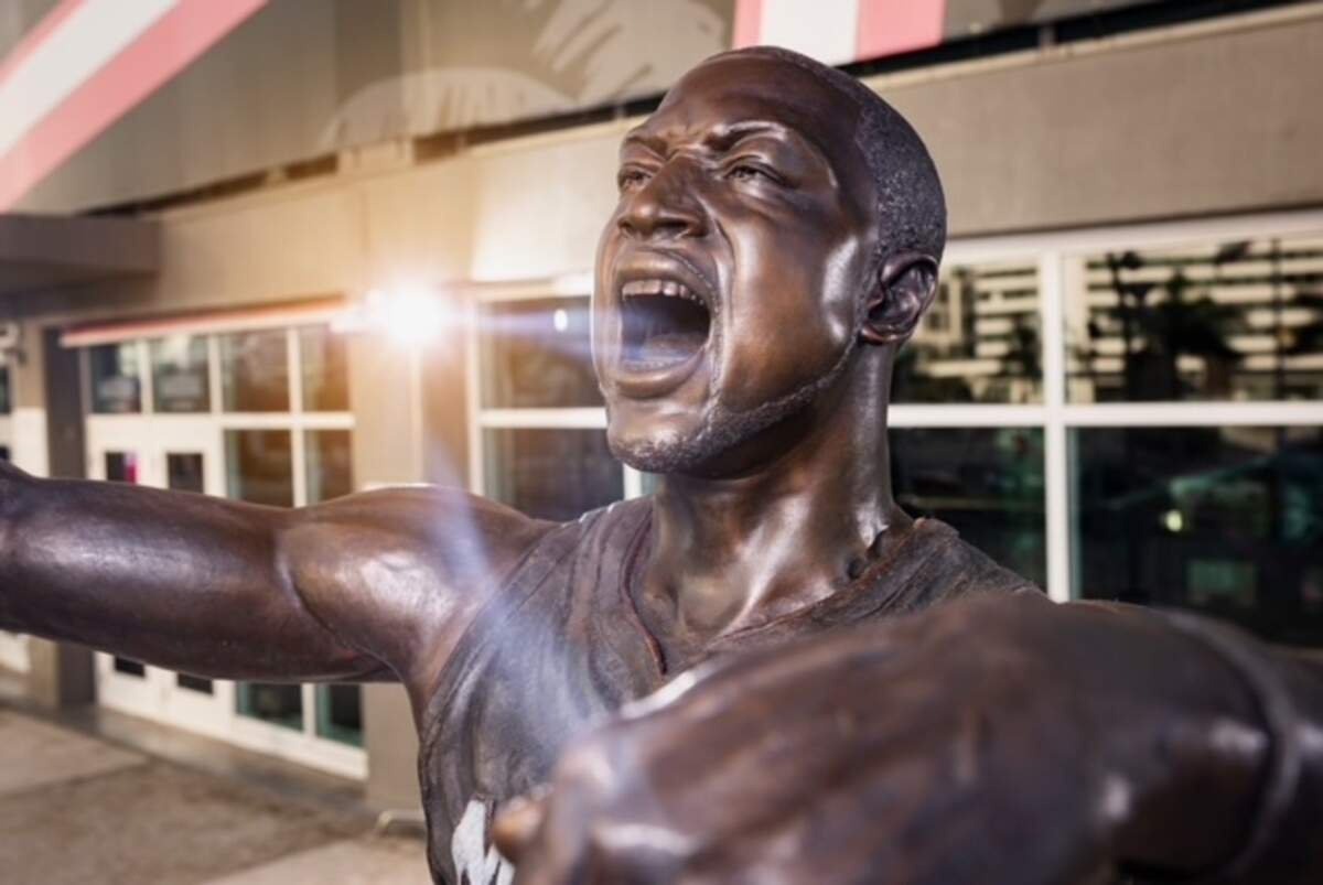 The Miami Heat replaced the head on Dwyane Wade’s bronze statue in front of Kaseya Center. This photo was taken on Oct. 30, 2026.