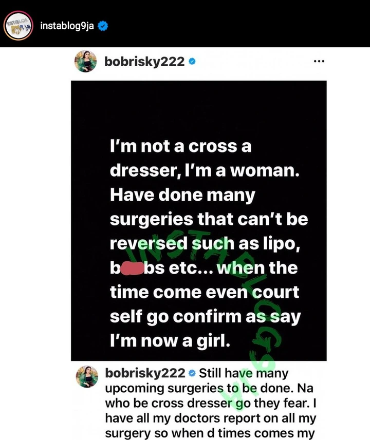 Bobrisky - I Have Done Many Irreversible Surgeries, I Am A Woman Not A Cross-dresser –Bobrisky Claims Ba258fb734234fd1a2fe6192a740a1d6?quality=uhq&format=webp&resize=720