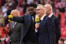 Sports Broadcaster, Gary Lineker and pundit, Micah Richards react prior to The Emirates FA Cup Semi-Final match between Manchester City and Liverpo...