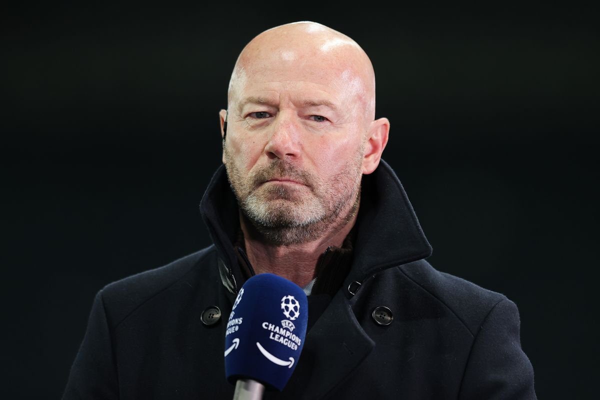Amazon Prime Video pundit Alan Shearer during the UEFA Champions League 2025/26 Round of 16 First Leg match between Newcastle United FC and FC Barcelona at St James' Park