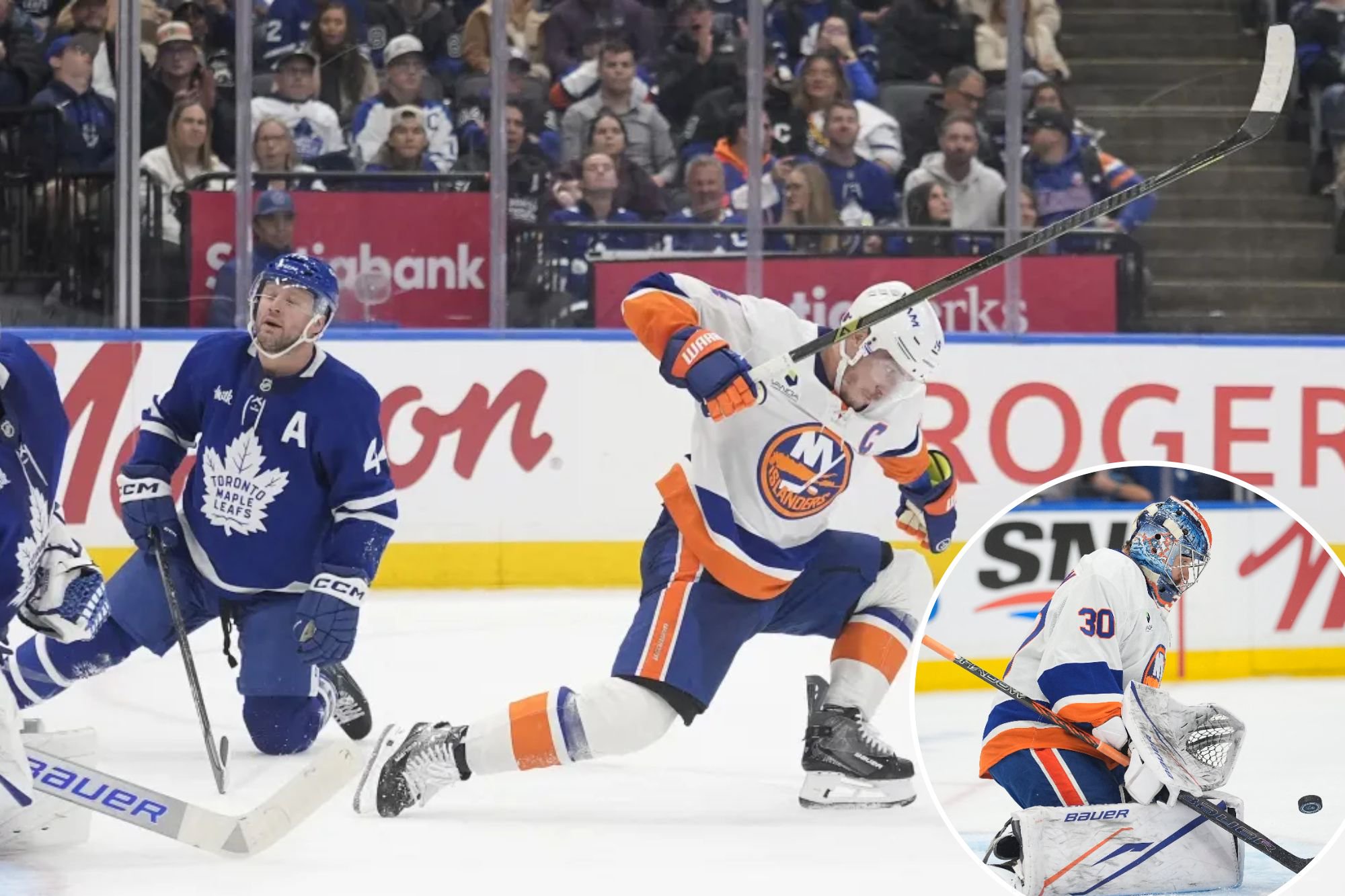 An image collage containing 2 images, Image 1 shows Bo Horvat celebrates after scoring a second-period goal in the Islanders' 3-1 win over the Maple Leafs in Toronto, Image 2 shows Ilya Sorokin make a save during the Islanders' road win over the Maple Leafs