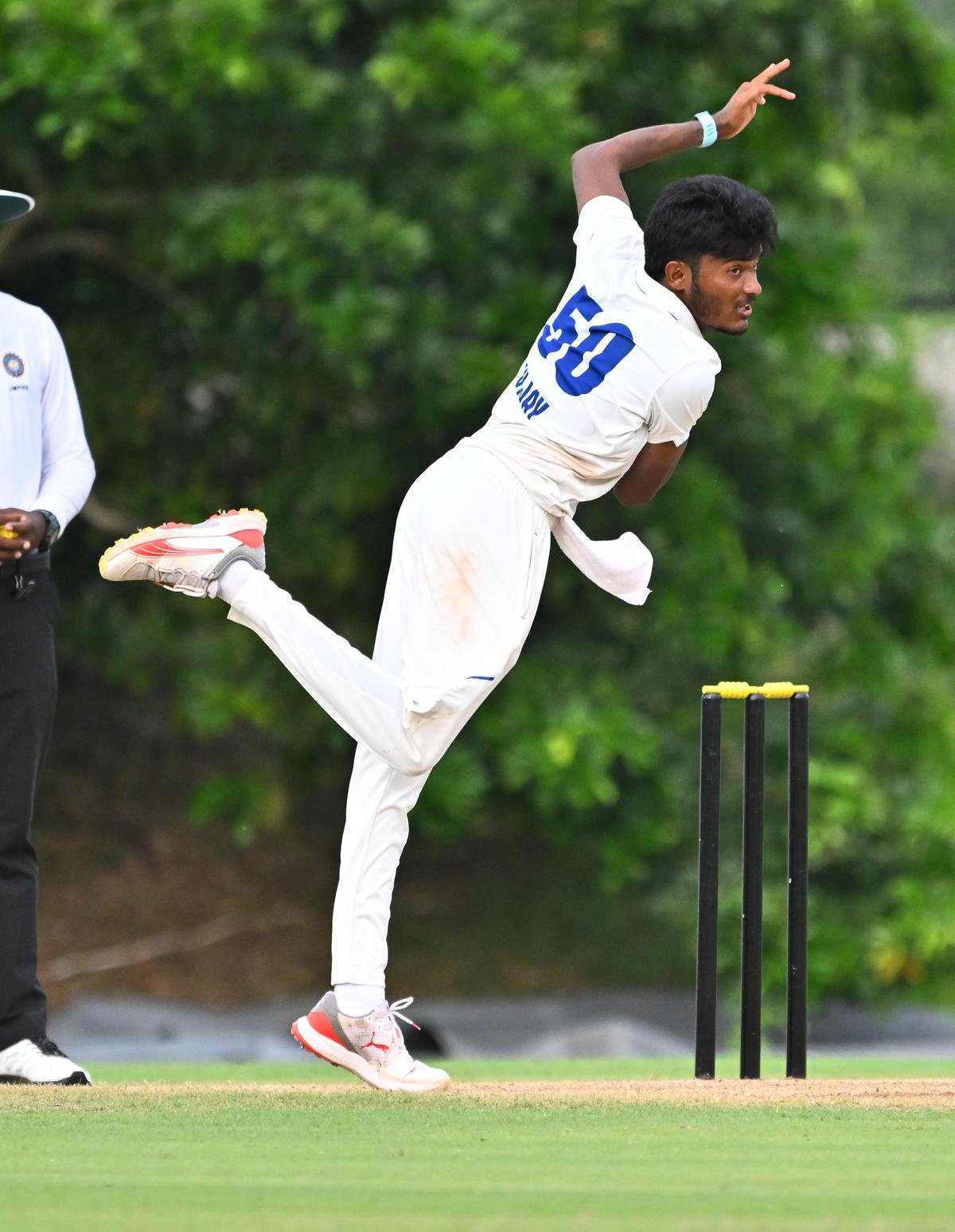 Andhra's T. Vijay bowls on day one of the Ranji Trophy match against Hyderabad at the ACA Stadium in Mulapadu, on Sunday, October 18, 2026.