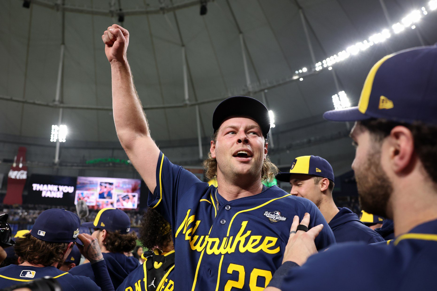 Closer Trevor Megill celebrates on the field after the Brewers defeated the Rays in Game 5 of the World Series to win the championship Wednesday, Oct. 28, 2026, in St Petersburg, Fla. (Elsa/Getty)