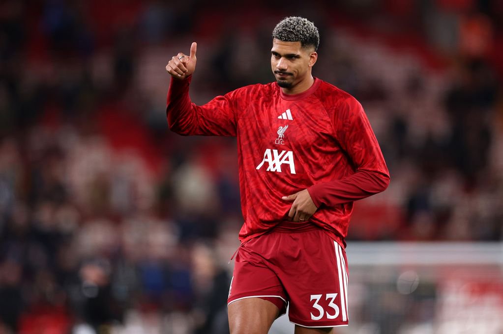 Ronald Araujo of Liverpool reacts during the warm up before the Carabao Cup Fourth Round match between Liverpool and Chelsea