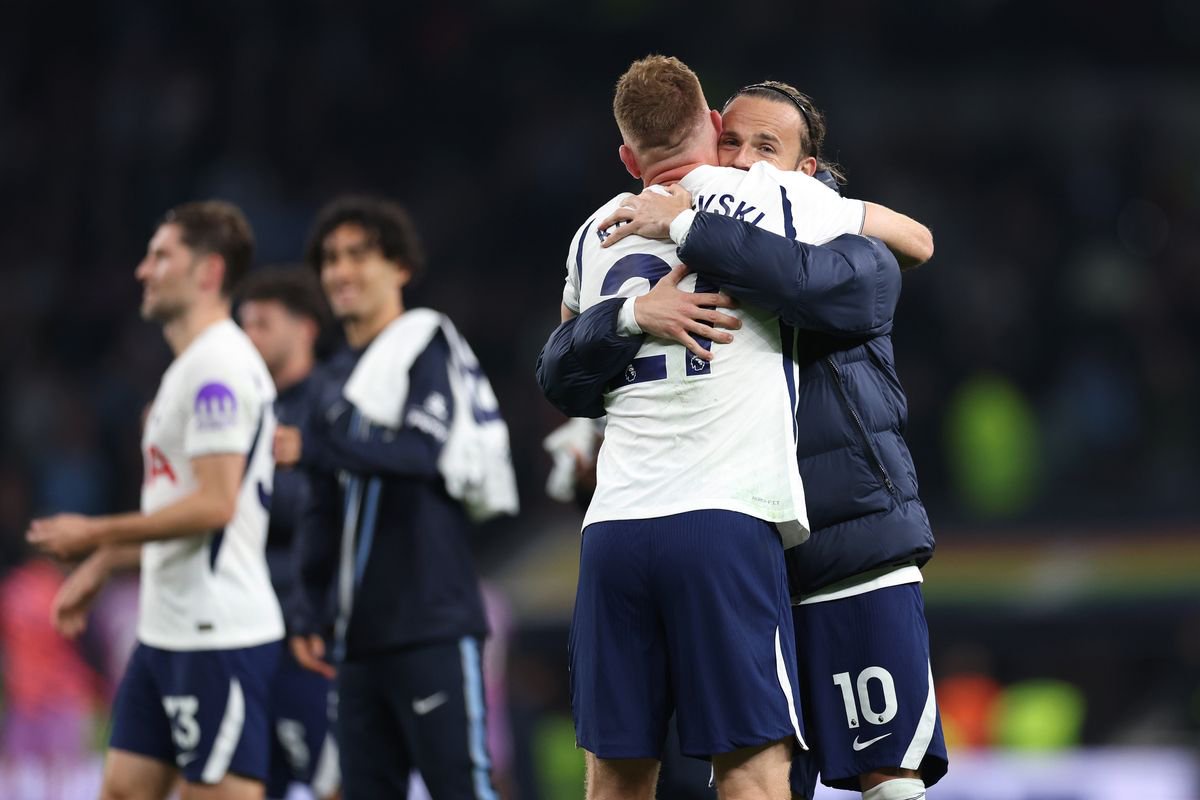 Dejan Kulusevski and James Maddison at the end of the Premier League match between Tottenham Hotspur and Coventry City