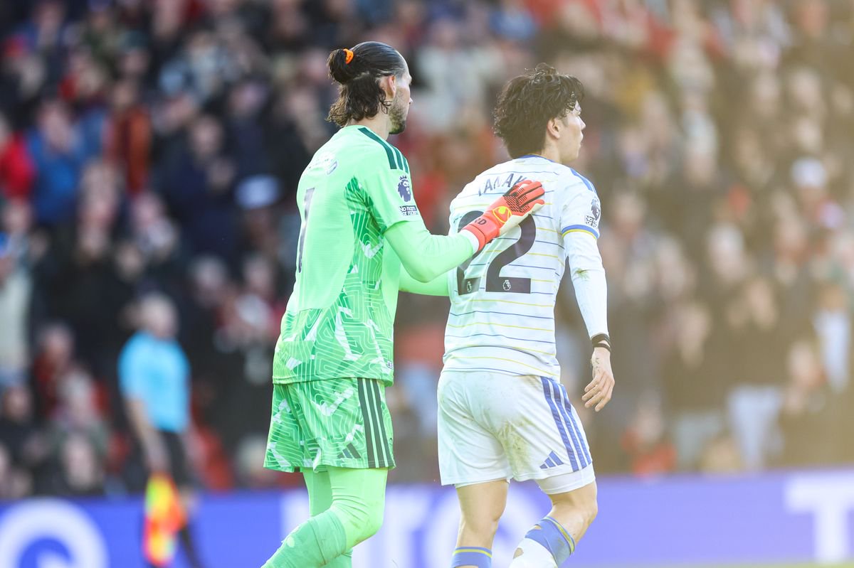 James Trafford of Leeds United concedes a goal and consoles Ao Tanaka