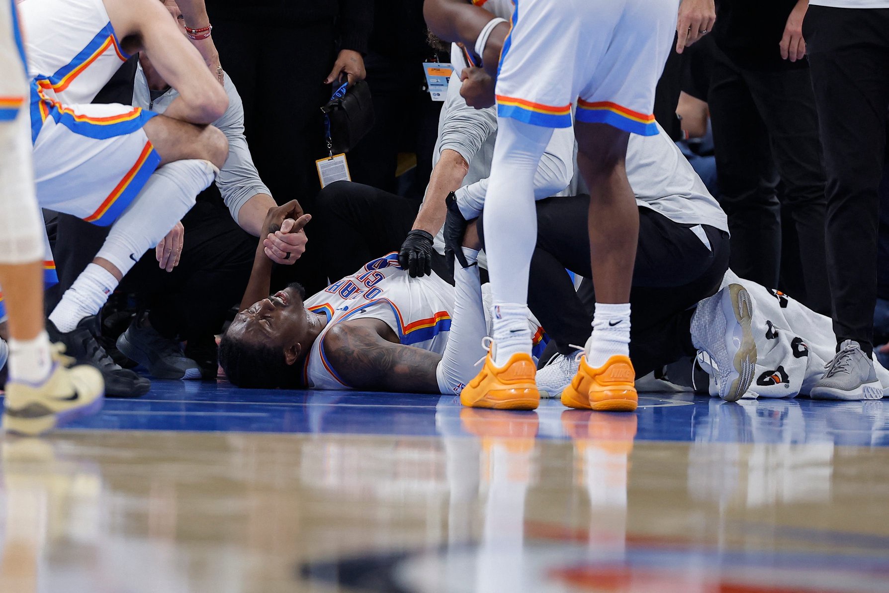 Oct 25, 2026; Oklahoma City, Oklahoma, USA; Oklahoma City Thunder guard Jalen Williams (8) lays on the floor after getting injured on a play against the Los Angeles Clippers during the second half at Paycom Center. Mandatory Credit: Alonzo Adams-Imagn Images