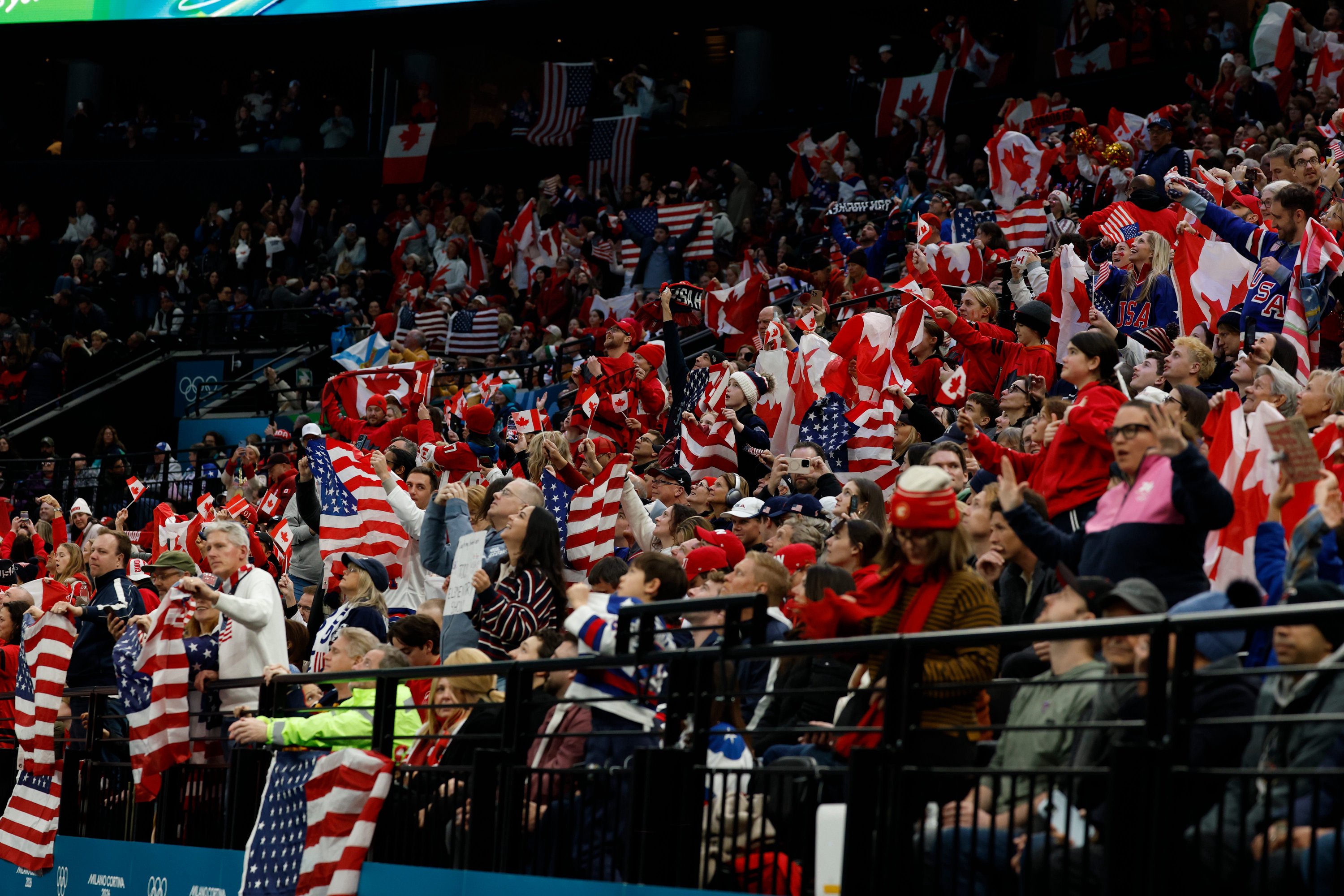 Olympic Hockey fans show their pride and support in the women's ice hockey gold medal game between the United States and Canada during the Milano Cortina 2026 Olympic Winter Games at Milano Santagiulia Ice Hockey Arena.