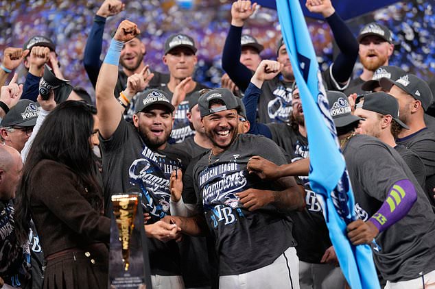 Tampa Bay Rays pitcher Freddy Peralta celebrates after their win against the Cleveland Guardians in Game 6 of an American League Championship Series baseball game in St. Petersburg, Fla. Monday, Oct. 19, 2026. (AP Photo/David J. Phillip)