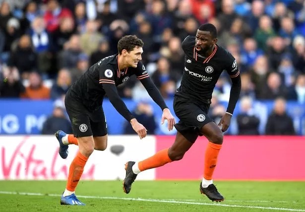 Antonio Rudiger of Chelsea celebrates with Andreas Christensen after scoring his team's second goal during the Premier League match between Leicester City and Chelsea FC at The King Power Stadium on February 01, 2020