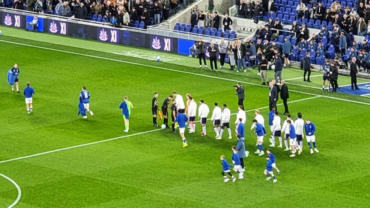 Everton and Newcastle United players shaking hands on the pitch ahead of kickoff in the Carabao Cup
