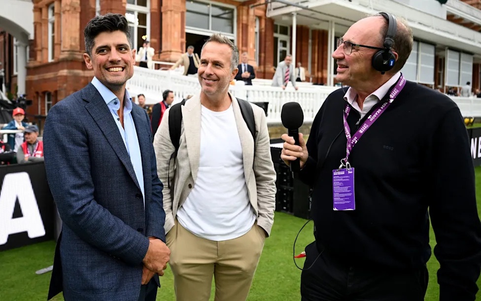 Test Match Special commentators Sir Alastair Cook, Michael Vaughan and Jonathan Agnew during the 2nd Test Match between England and Sri Lanka at Lord's Cricket Ground on August 31, 2024 in London, England.
