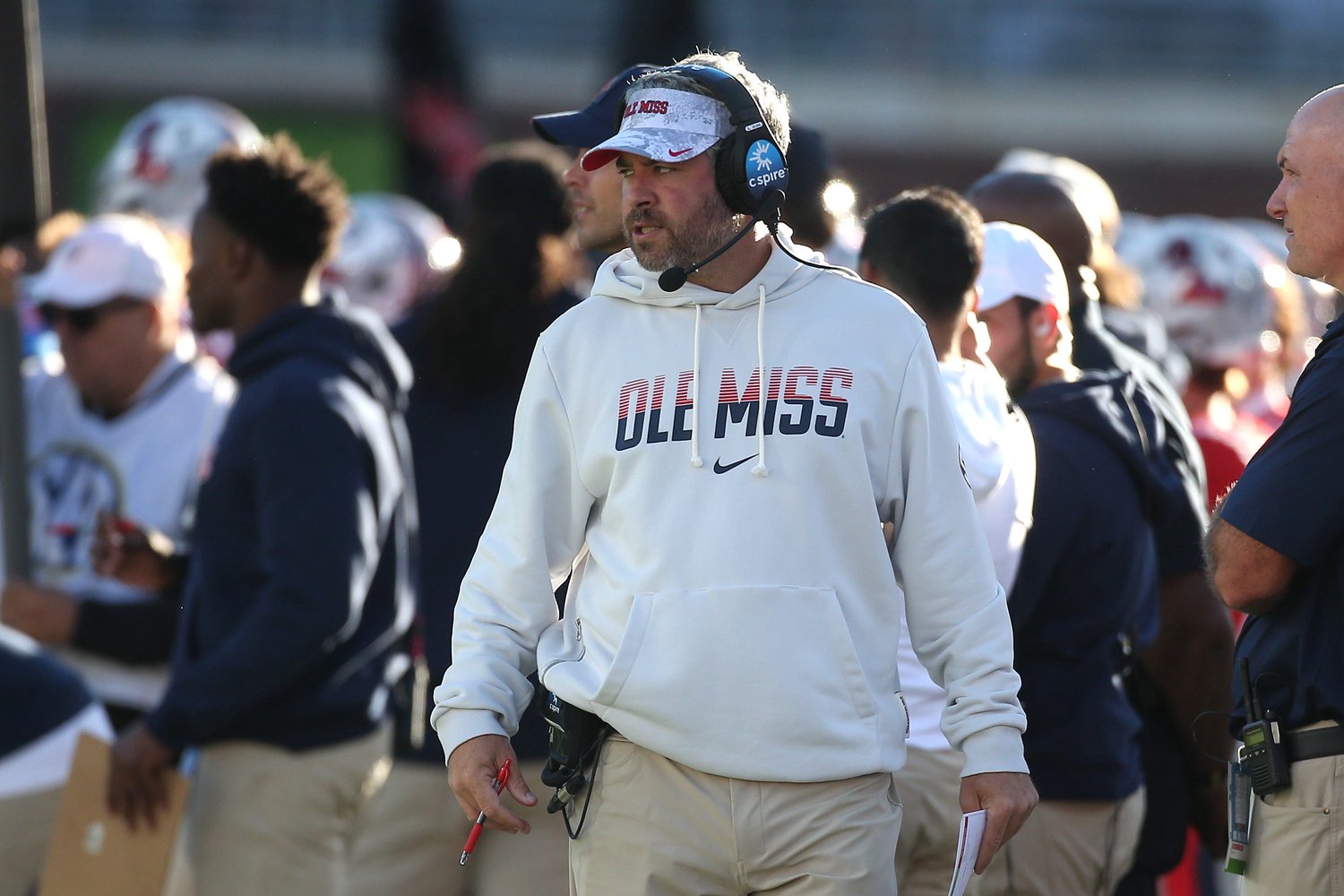 Oct 17, 2026; Oxford, Mississippi, USA;  Mississippi Rebels head coach Pete Golding looks on during the second half against the Missouri Tigers at Vaught-Hemingway Stadium.  Mandatory Credit: Petre Thomas-Imagn Images